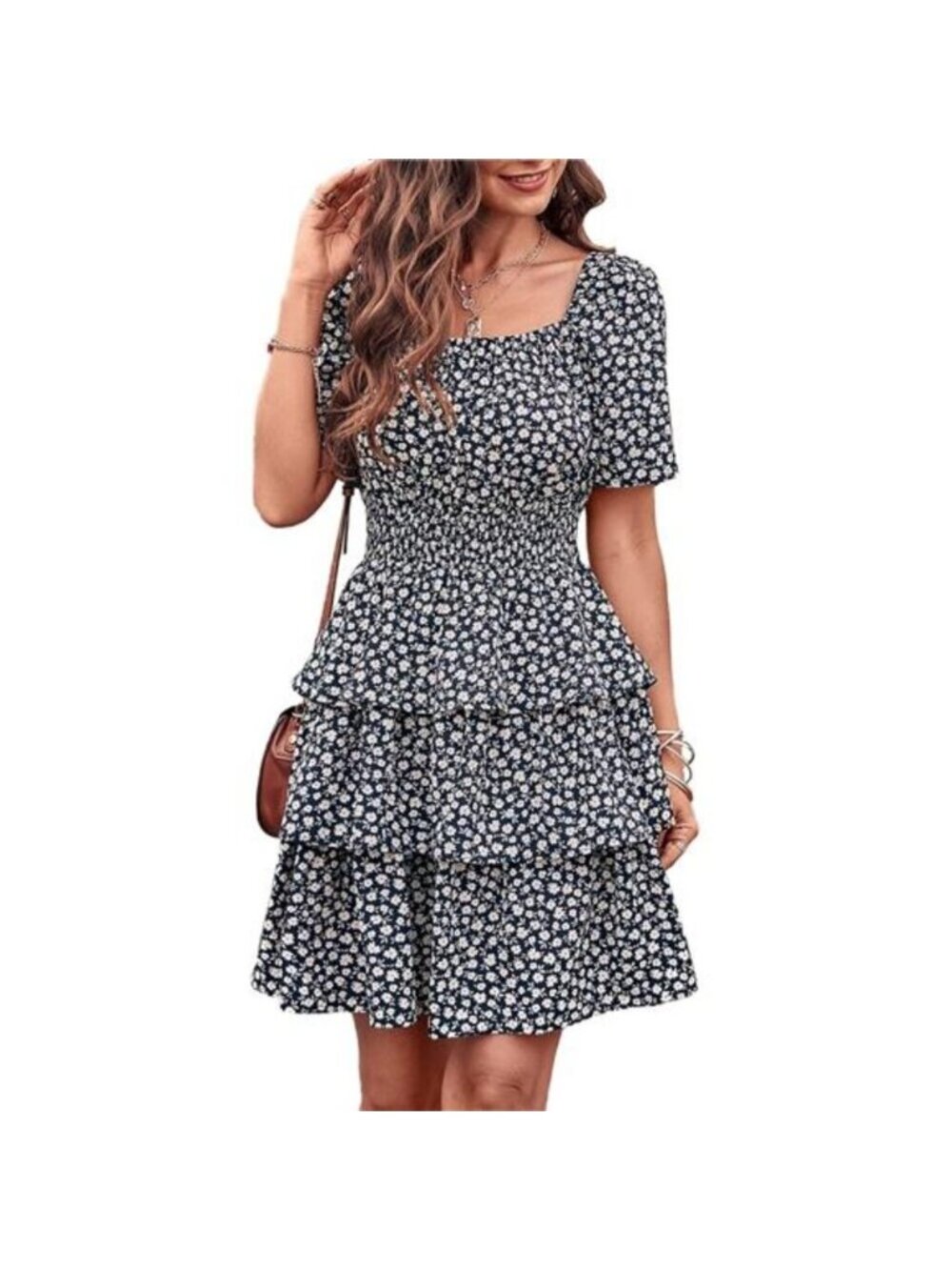 Women's Floral Summer Short Dress Short Sleeve Tiered Ruffle Boho Swing Dress